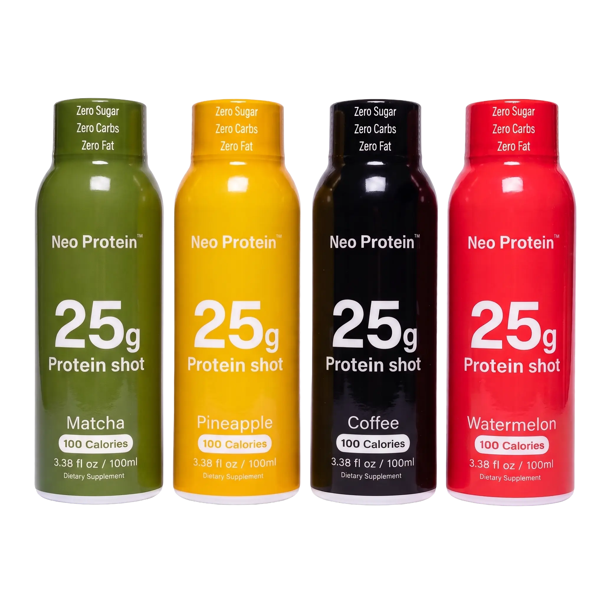 All four protein shot flavors - Matcha, Coffee, Pineapple, and Strawberry